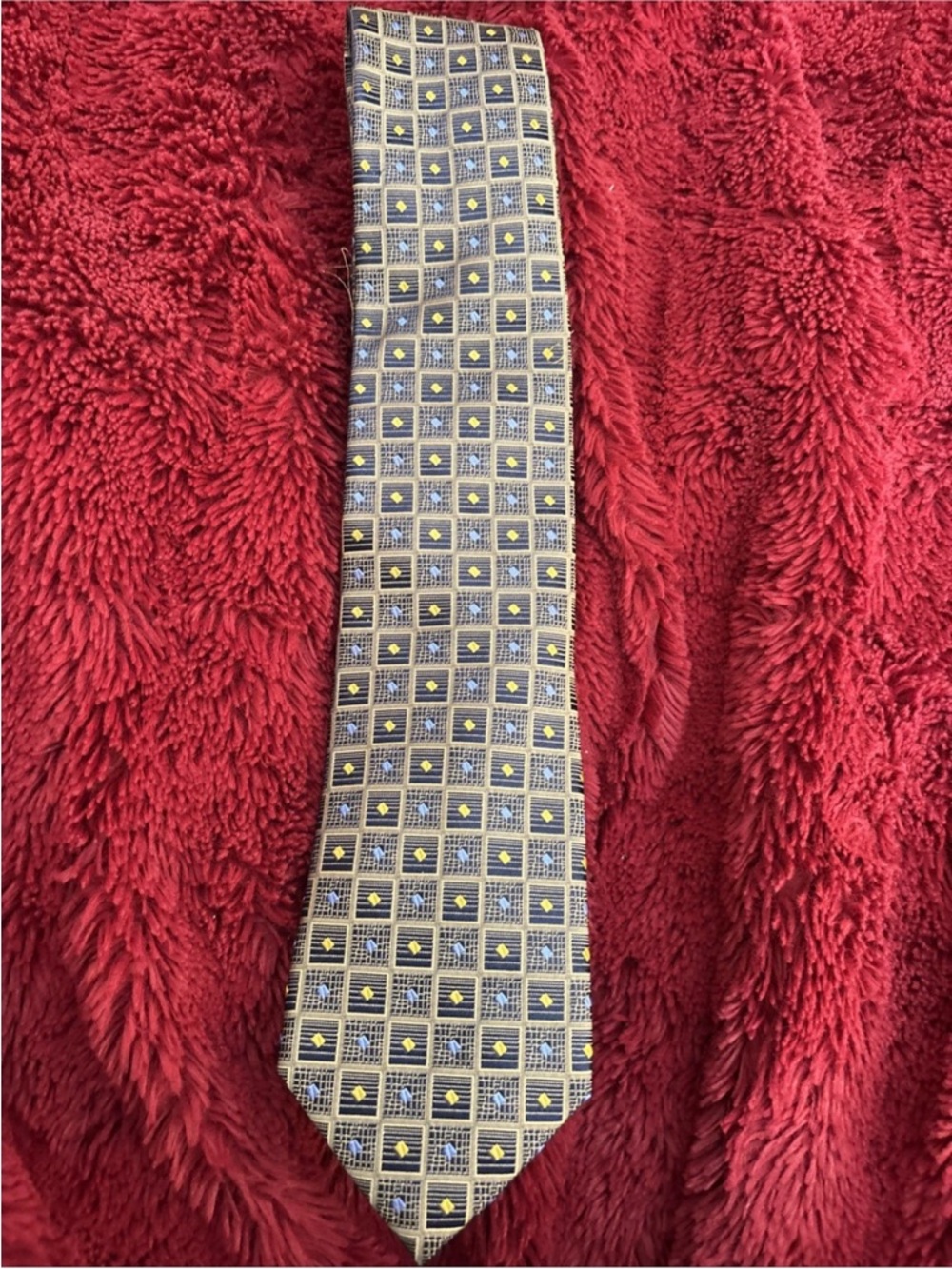 Peacock Men's Silk Tie Handmade Gold & Blue Geometric Pattern